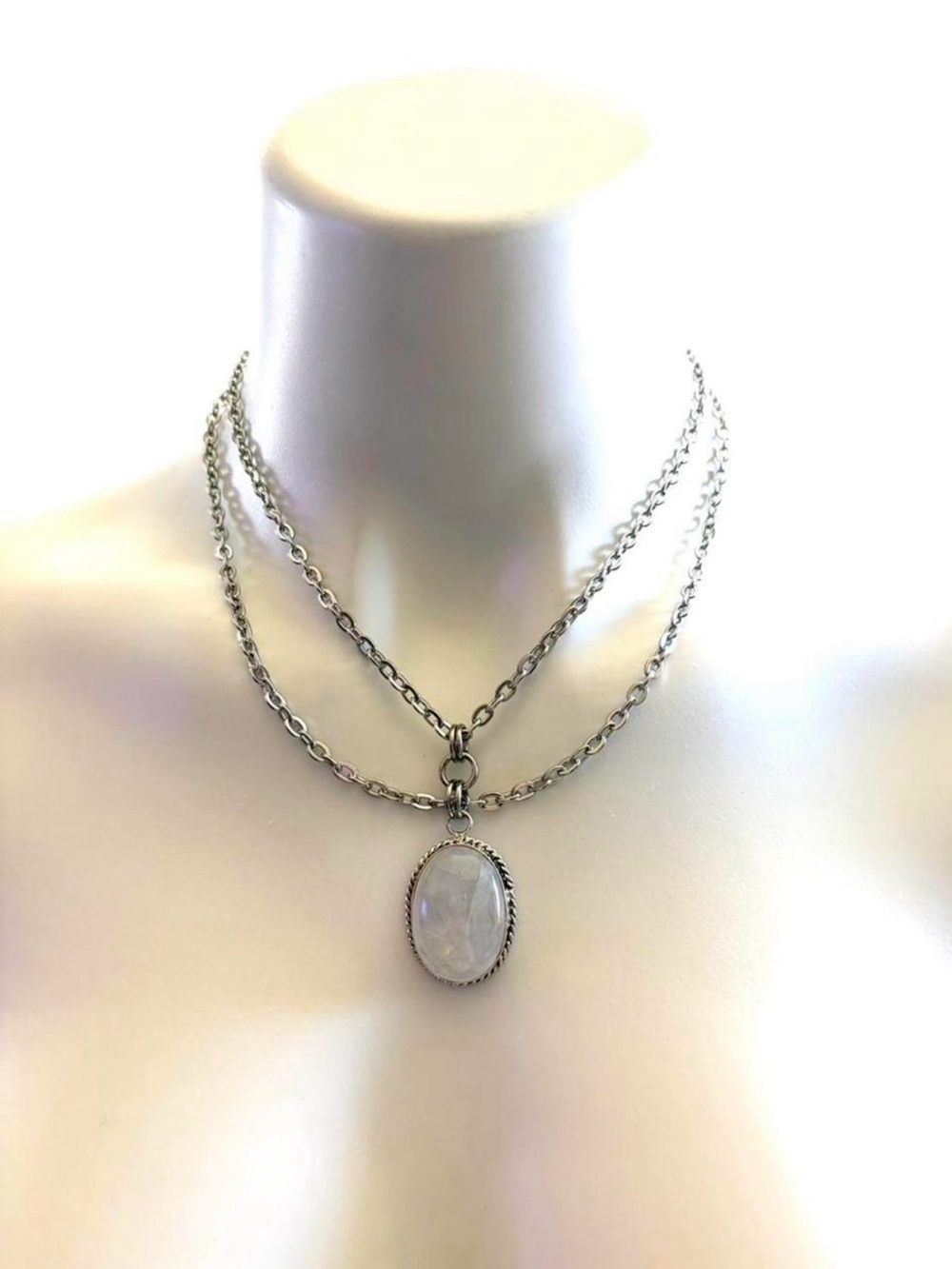Stainless Steel Double-Layer Chain Necklace with Oval Moonstone Pendant